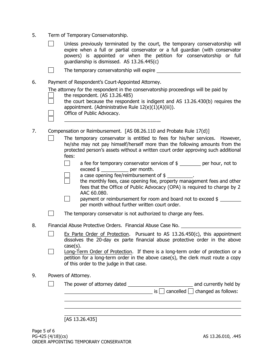 Form PG-425 Order Appointing Temporary Conservator Under as 13.26.445 - Alaska, Page 5