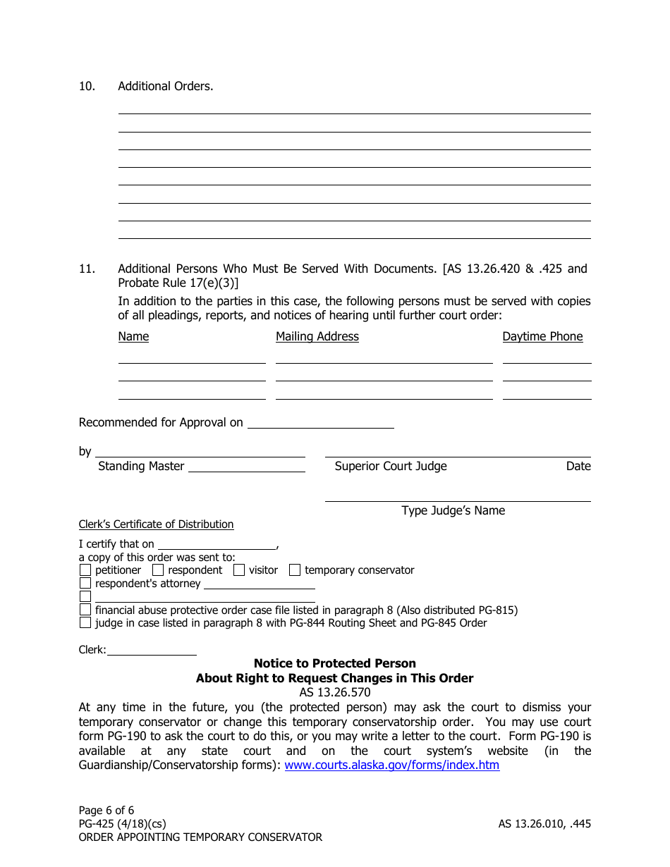 Form PG-425 Order Appointing Temporary Conservator Under as 13.26.445 - Alaska, Page 6