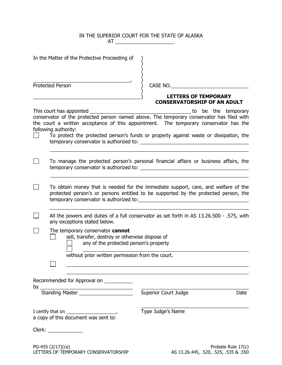 Form PG-455 Letters of Temporary Conservatorship of an Adult - Alaska, Page 1