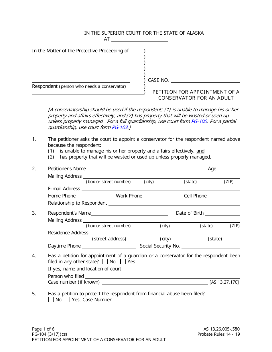 Form PG-104 Petition for Appointment of a Conservator for an Adult - Alaska, Page 1