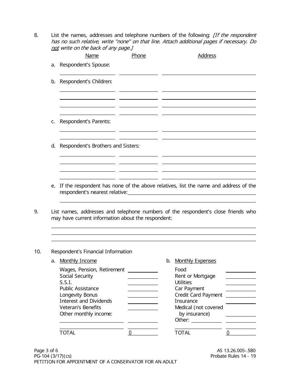 Form PG-104 Petition for Appointment of a Conservator for an Adult - Alaska, Page 3