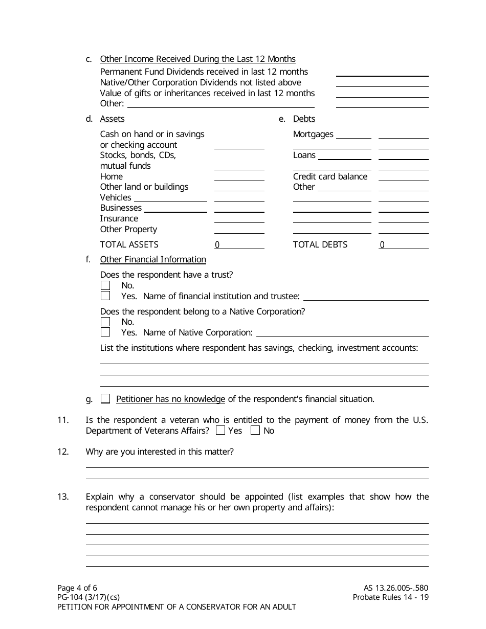 Form PG-104 Petition for Appointment of a Conservator for an Adult - Alaska, Page 4