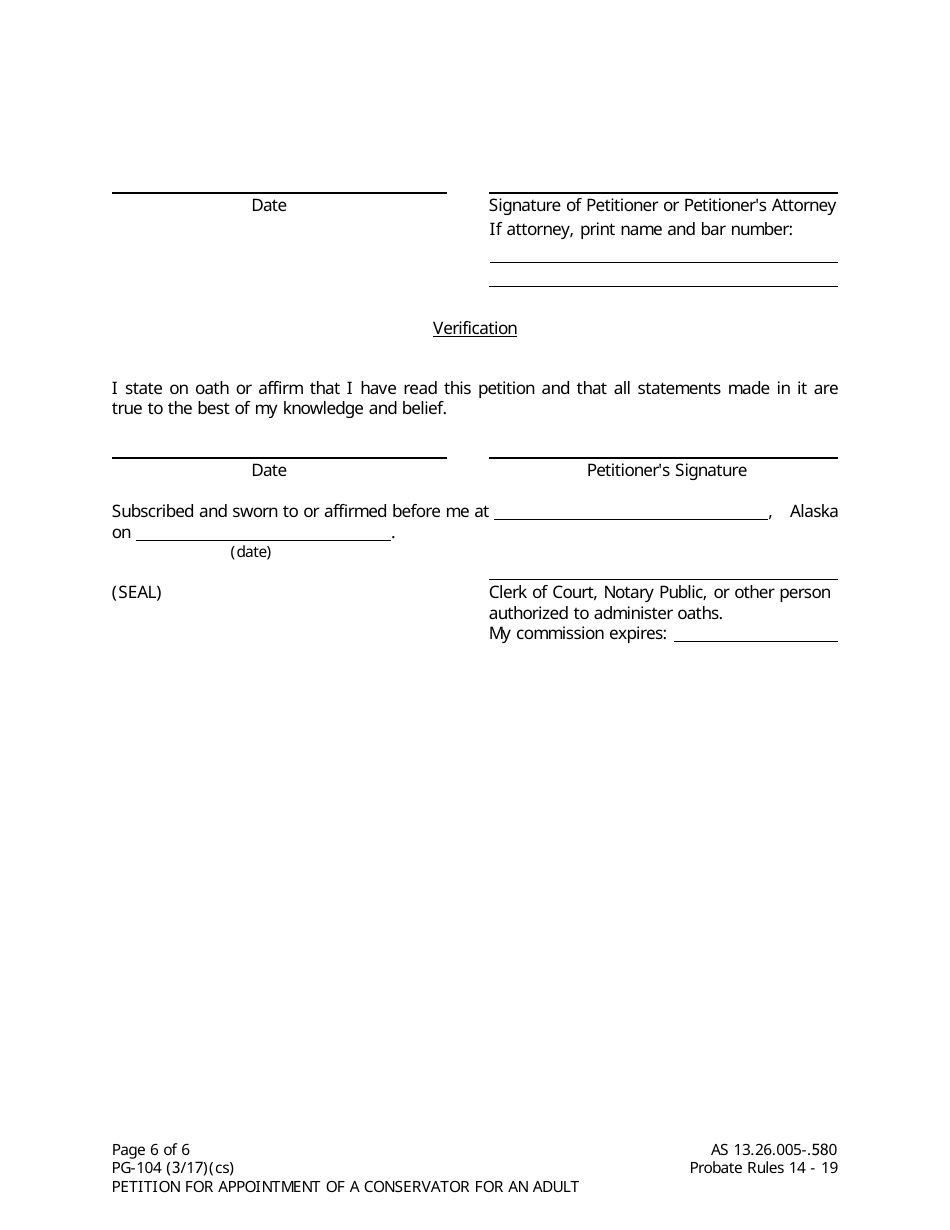 Form PG-104 Petition for Appointment of a Conservator for an Adult - Alaska, Page 6
