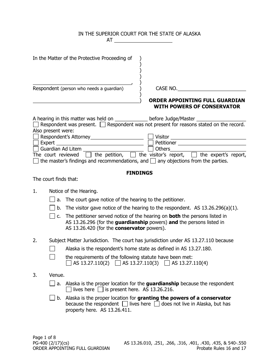 Form PG-400 Order Appointing Full Guardian With Powers of Conservator - Alaska, Page 1