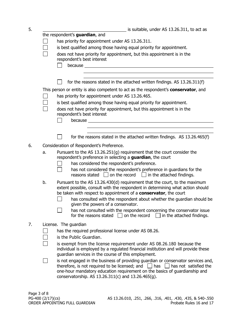 Form PG-400 Order Appointing Full Guardian With Powers of Conservator - Alaska, Page 3