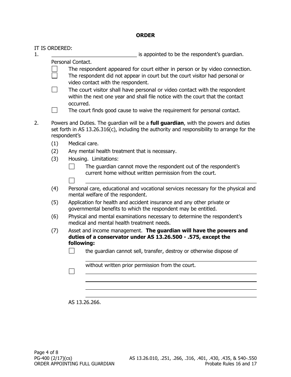 Form PG-400 Order Appointing Full Guardian With Powers of Conservator - Alaska, Page 4