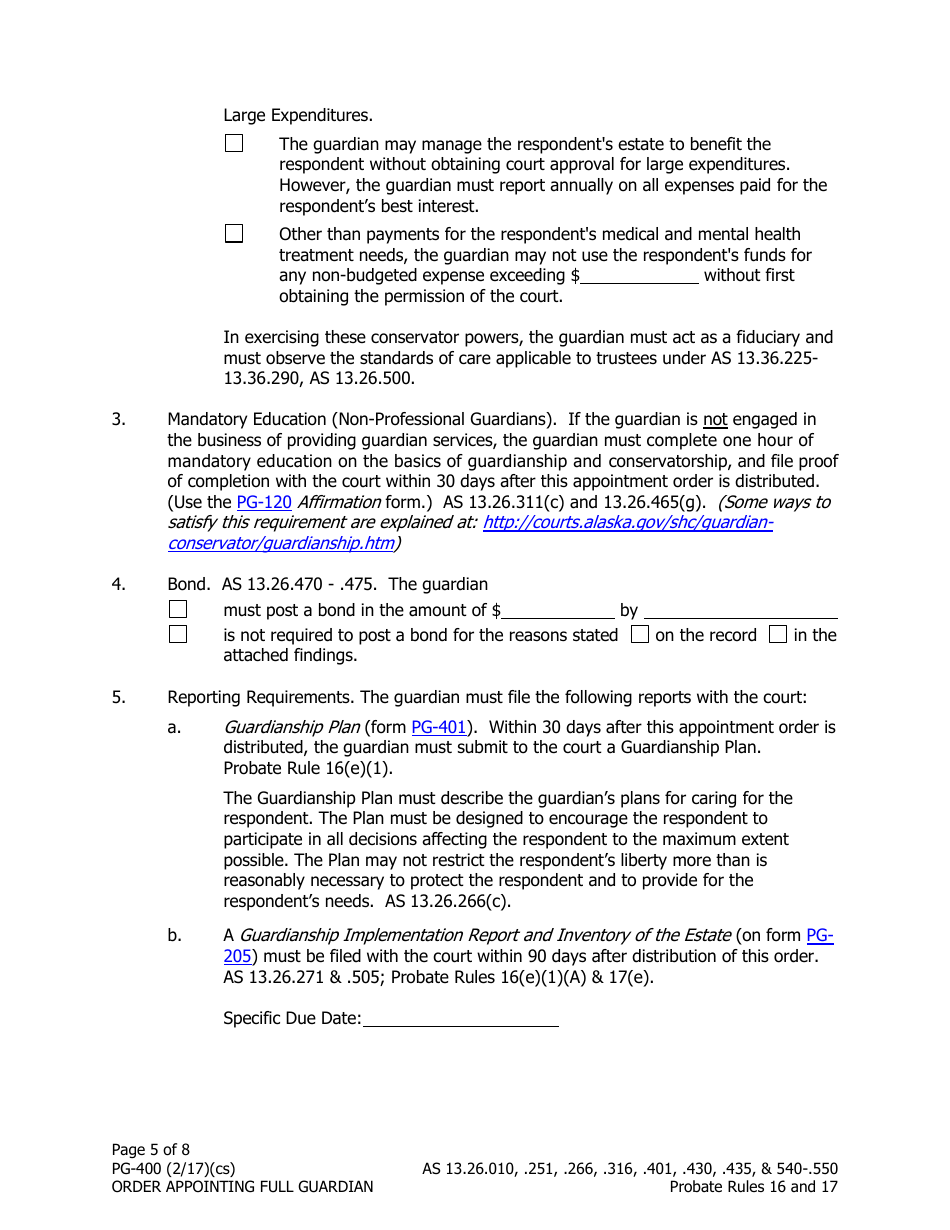 Form PG-400 Order Appointing Full Guardian With Powers of Conservator - Alaska, Page 5