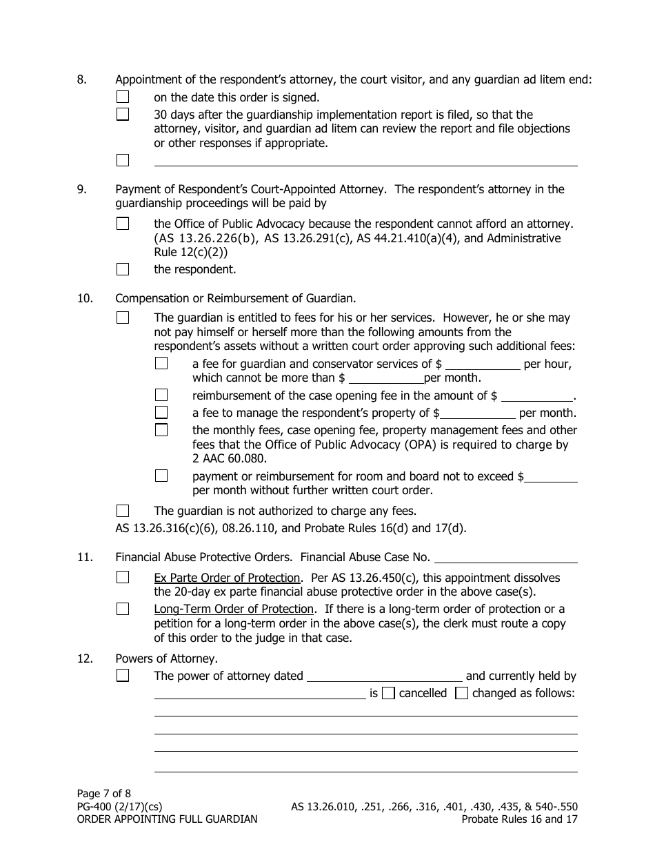 Form PG-400 Order Appointing Full Guardian With Powers of Conservator - Alaska, Page 7