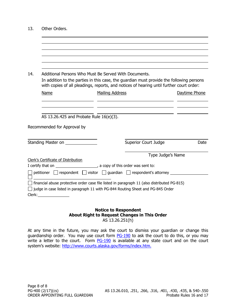 Form PG-400 Order Appointing Full Guardian With Powers of Conservator - Alaska, Page 8