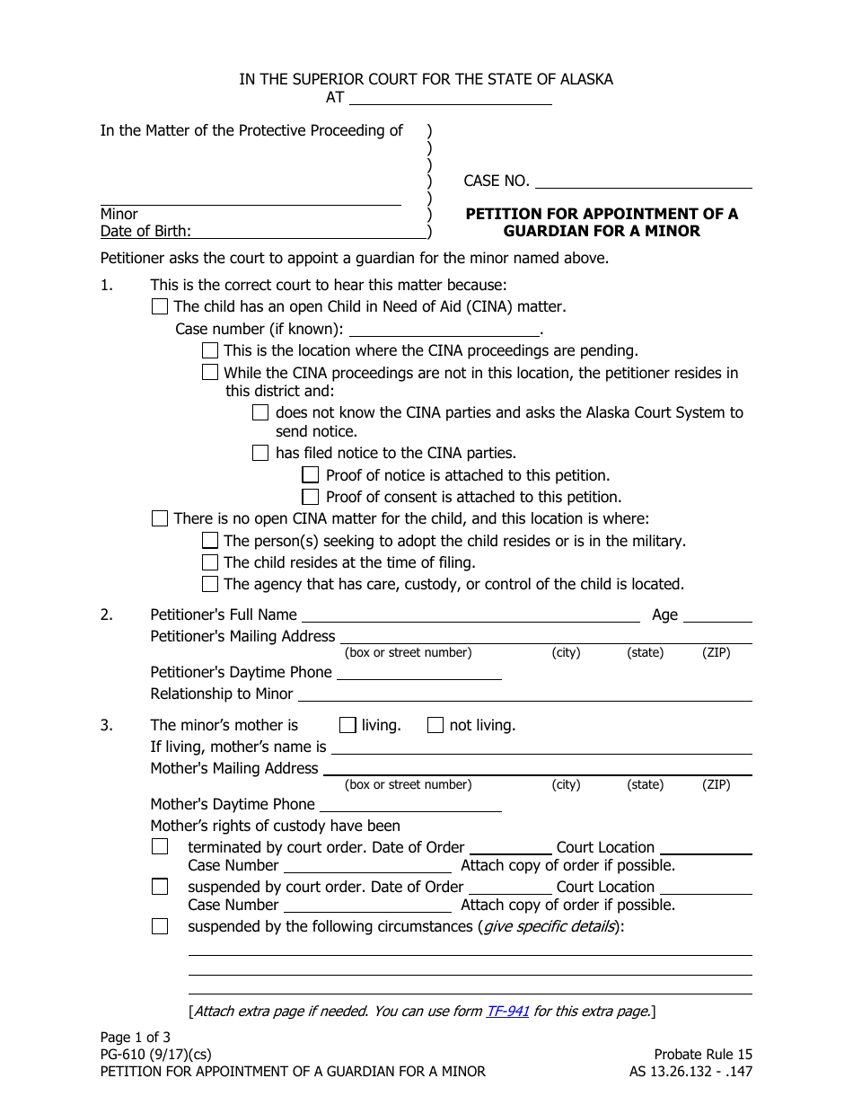 Form PG-610 Petition for Appointment of a Guardian for a Minor - Alaska, Page 1