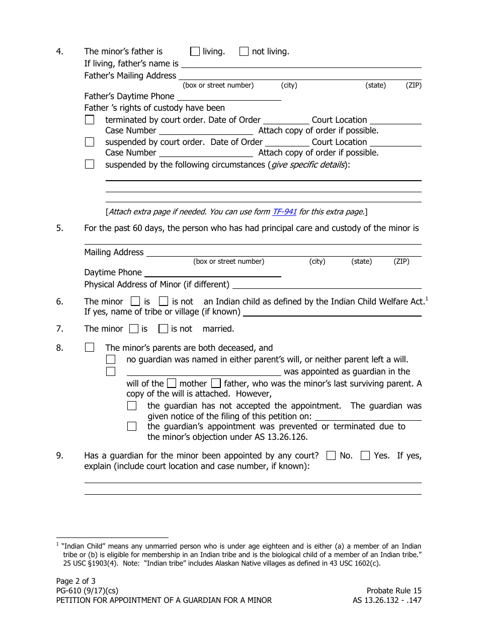 Form PG-610 Petition for Appointment of a Guardian for a Minor - Alaska, Page 2