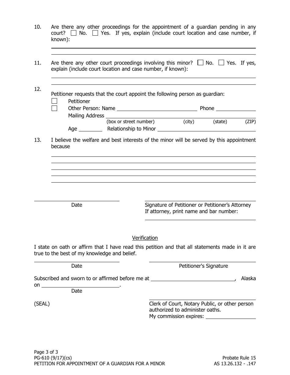 Form PG-610 Petition for Appointment of a Guardian for a Minor - Alaska, Page 3