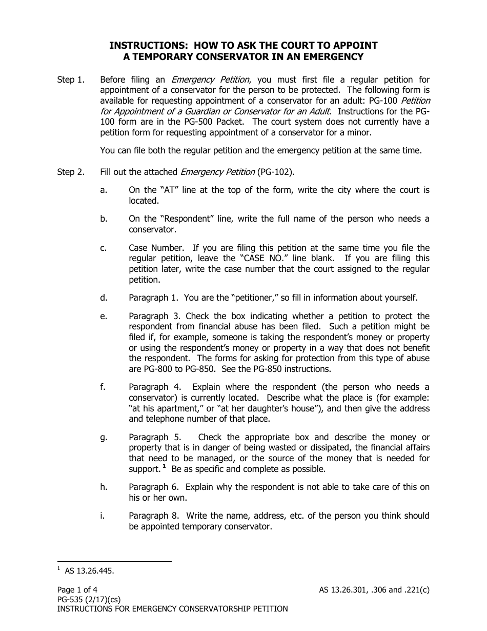 Instructions for Form PG-102 Emergency Petition for Appointment of a Temporary Conservator - Alaska, Page 1