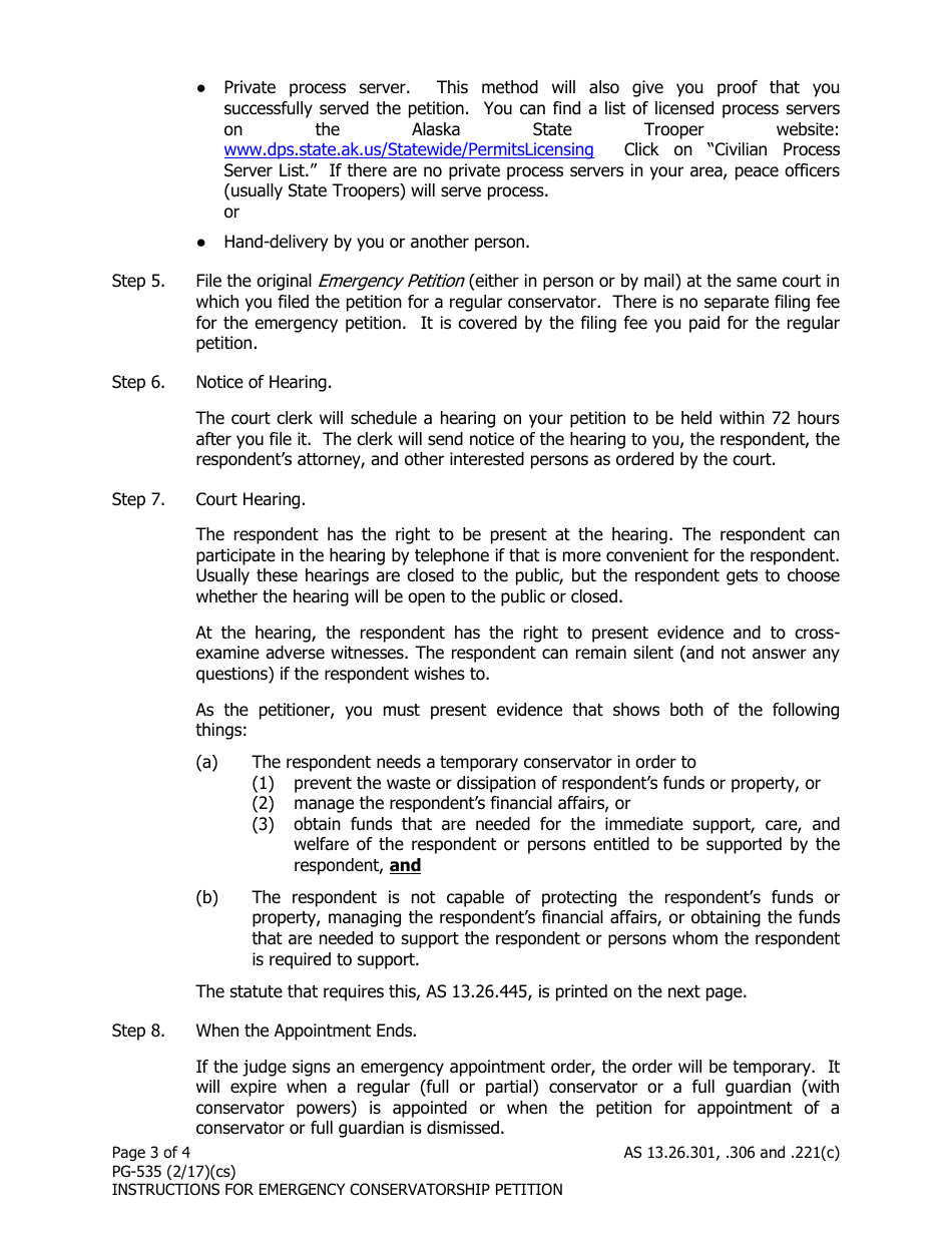 Instructions for Form PG-102 Emergency Petition for Appointment of a Temporary Conservator - Alaska, Page 3
