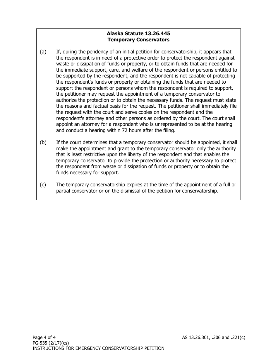 Instructions for Form PG-102 Emergency Petition for Appointment of a Temporary Conservator - Alaska, Page 4