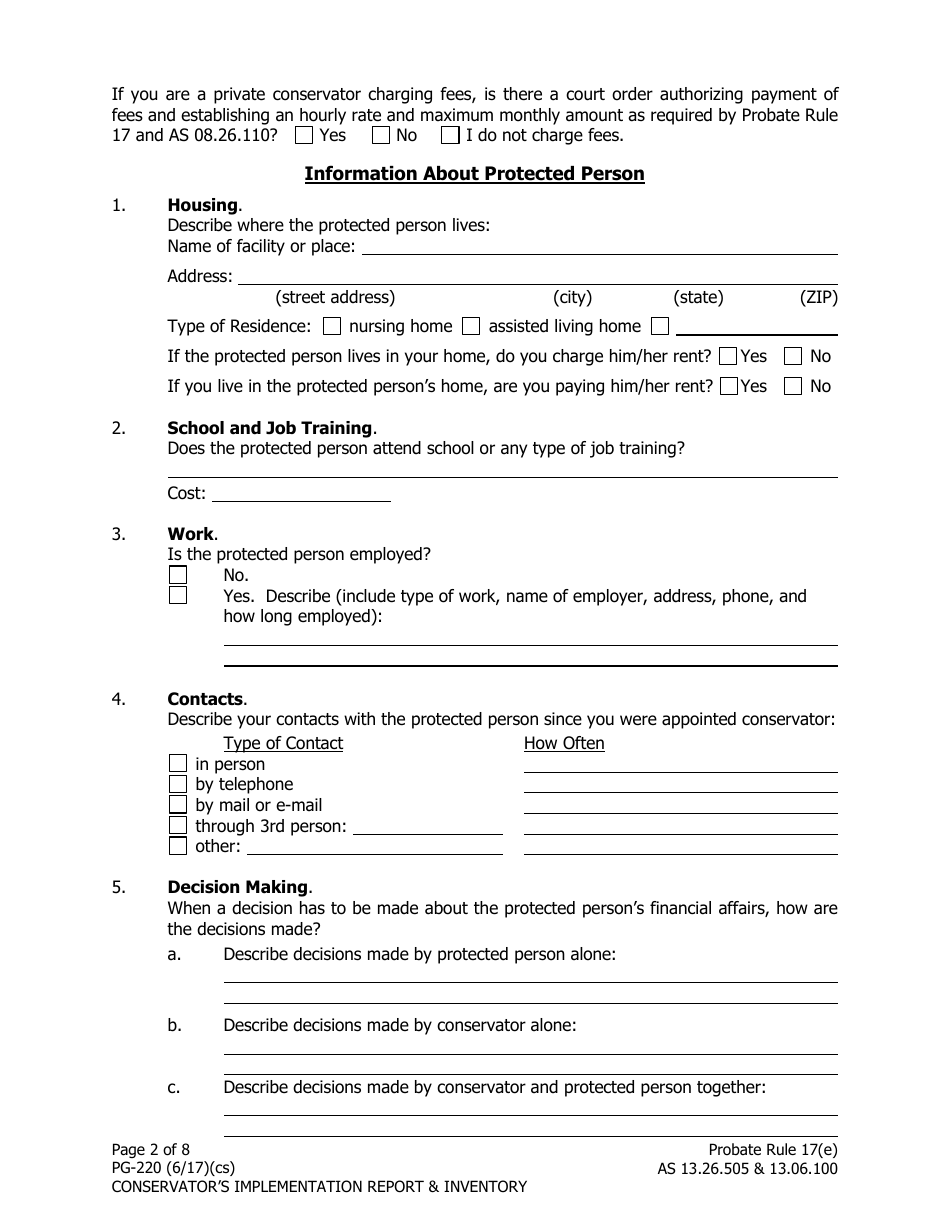 Form PG-220 Conservators Implementation Report and Inventory - Alaska, Page 2