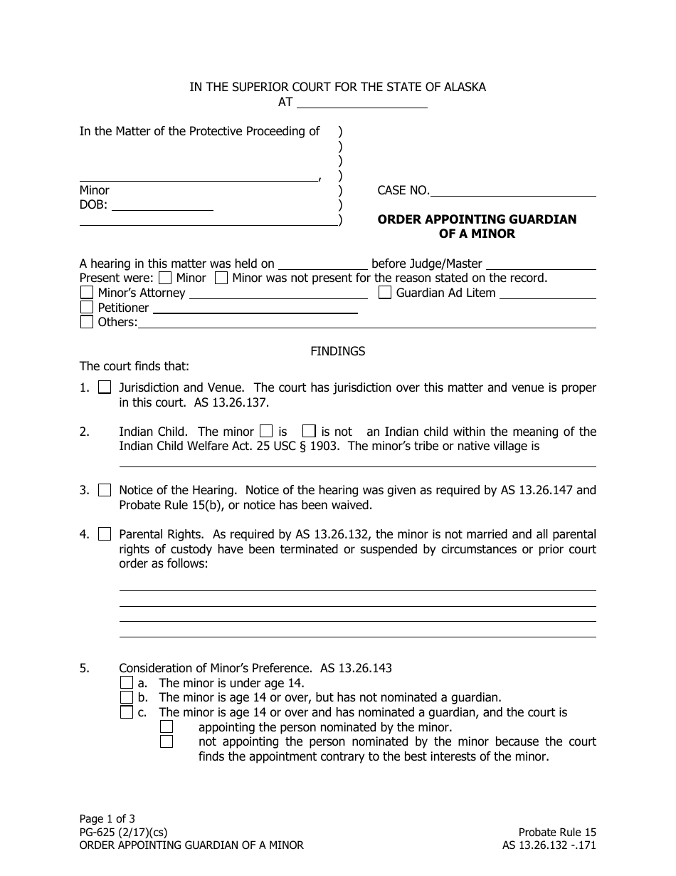 Form PG-625 Order Appointing Guardian of a Minor - Alaska, Page 1
