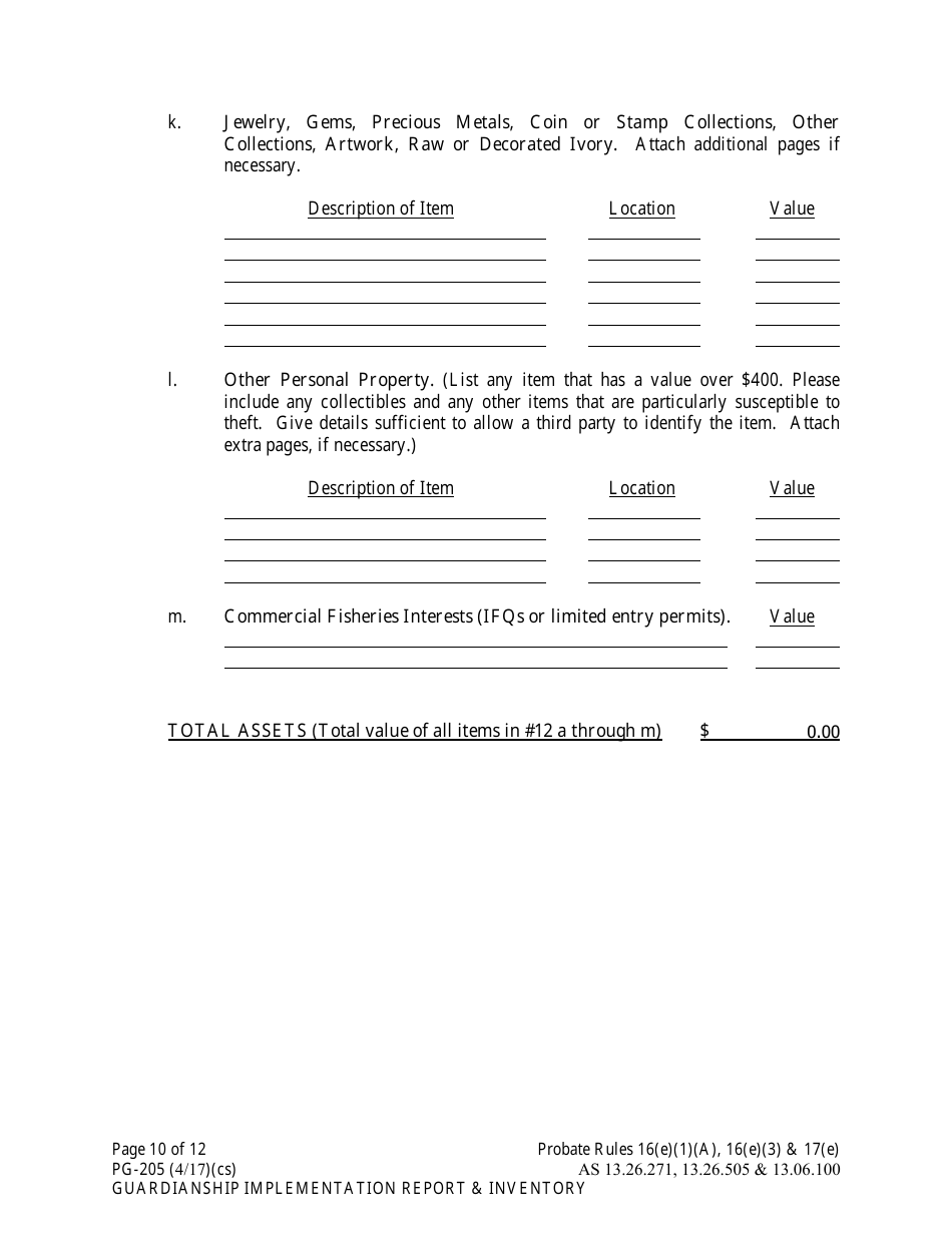 Form PG-205 Guardianship Implementation Report and Inventory - Alaska, Page 10