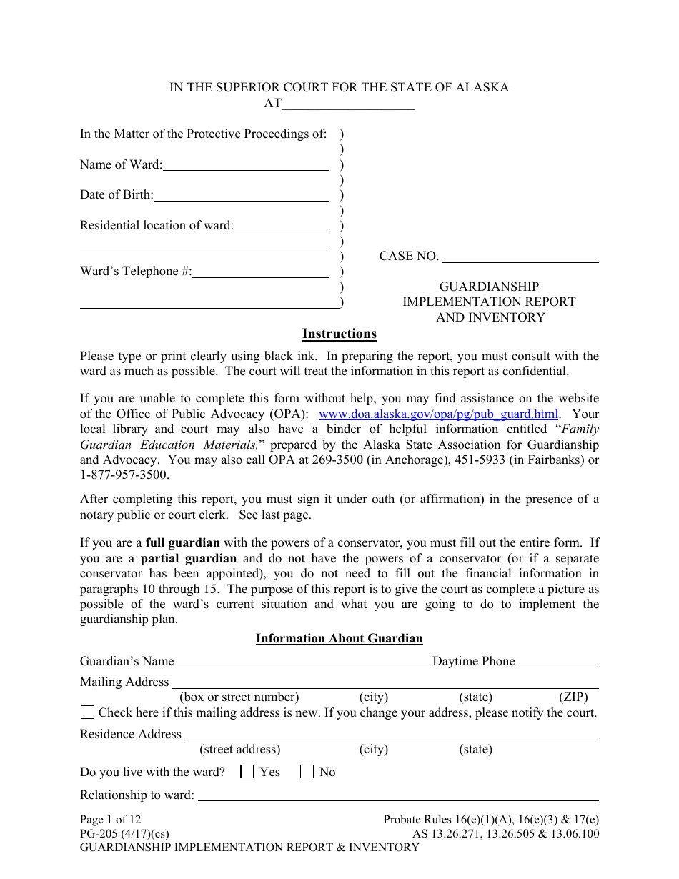 Form PG-205 Guardianship Implementation Report and Inventory - Alaska, Page 1