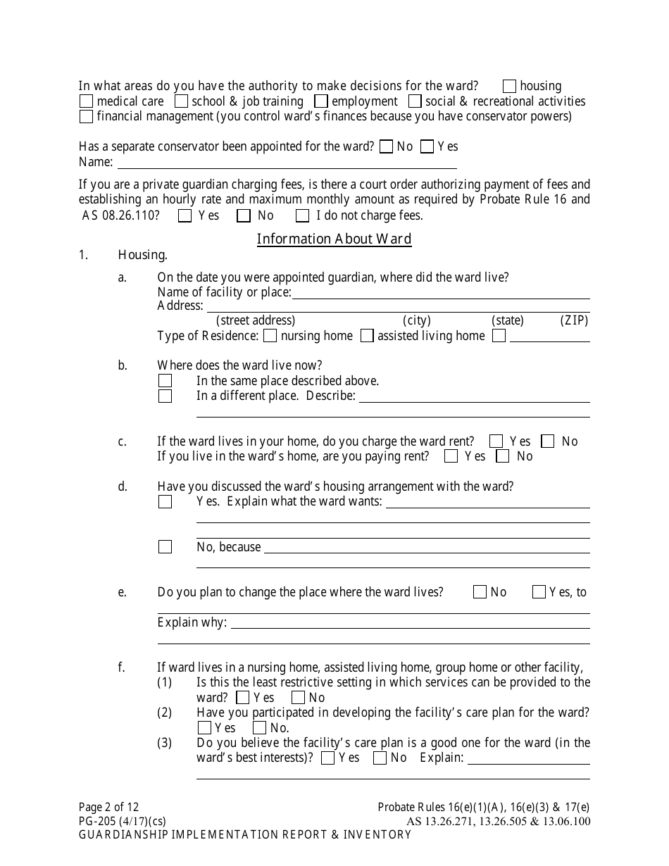 Form PG-205 Guardianship Implementation Report and Inventory - Alaska, Page 2