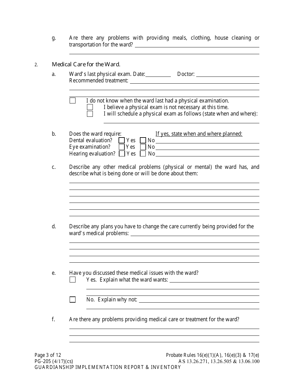 Form PG-205 Guardianship Implementation Report and Inventory - Alaska, Page 3