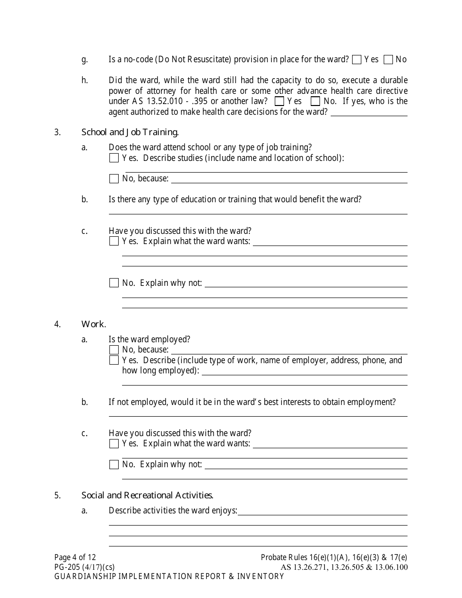 Form PG-205 Guardianship Implementation Report and Inventory - Alaska, Page 4