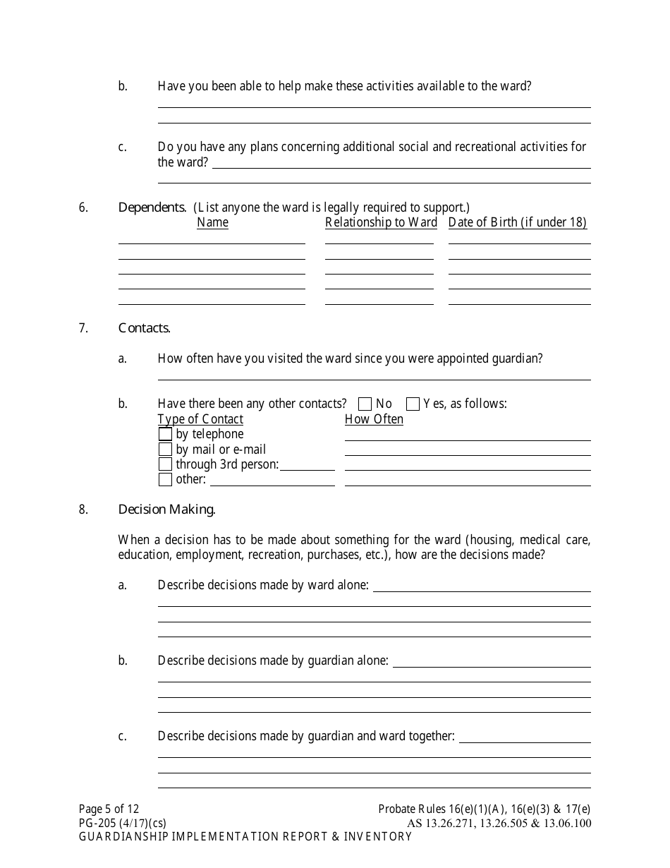 Form PG-205 Guardianship Implementation Report and Inventory - Alaska, Page 5