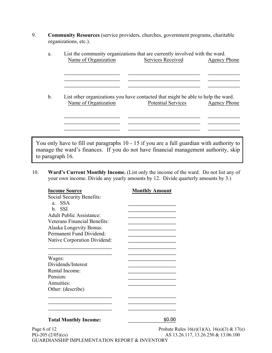 Form PG-205 Guardianship Implementation Report and Inventory - Alaska, Page 6