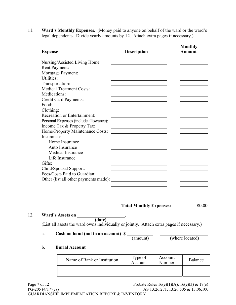 Form PG-205 Guardianship Implementation Report and Inventory - Alaska, Page 7
