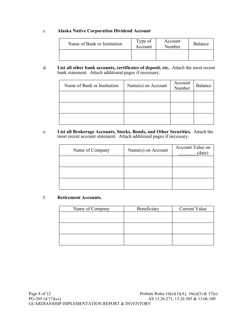 Form PG-205 Guardianship Implementation Report and Inventory - Alaska, Page 8