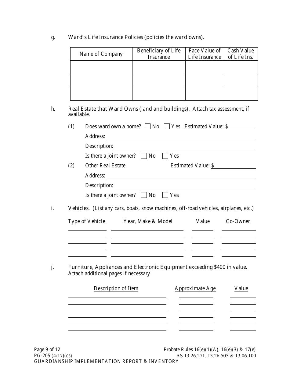 Form PG-205 Guardianship Implementation Report and Inventory - Alaska, Page 9