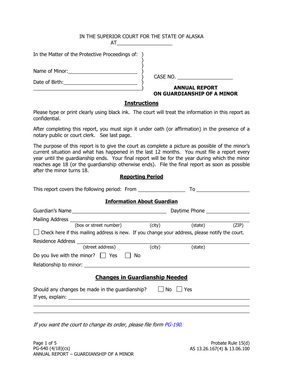 Form PG-640 Annual Report on Guardianship of a Minor - Alaska, Page 1