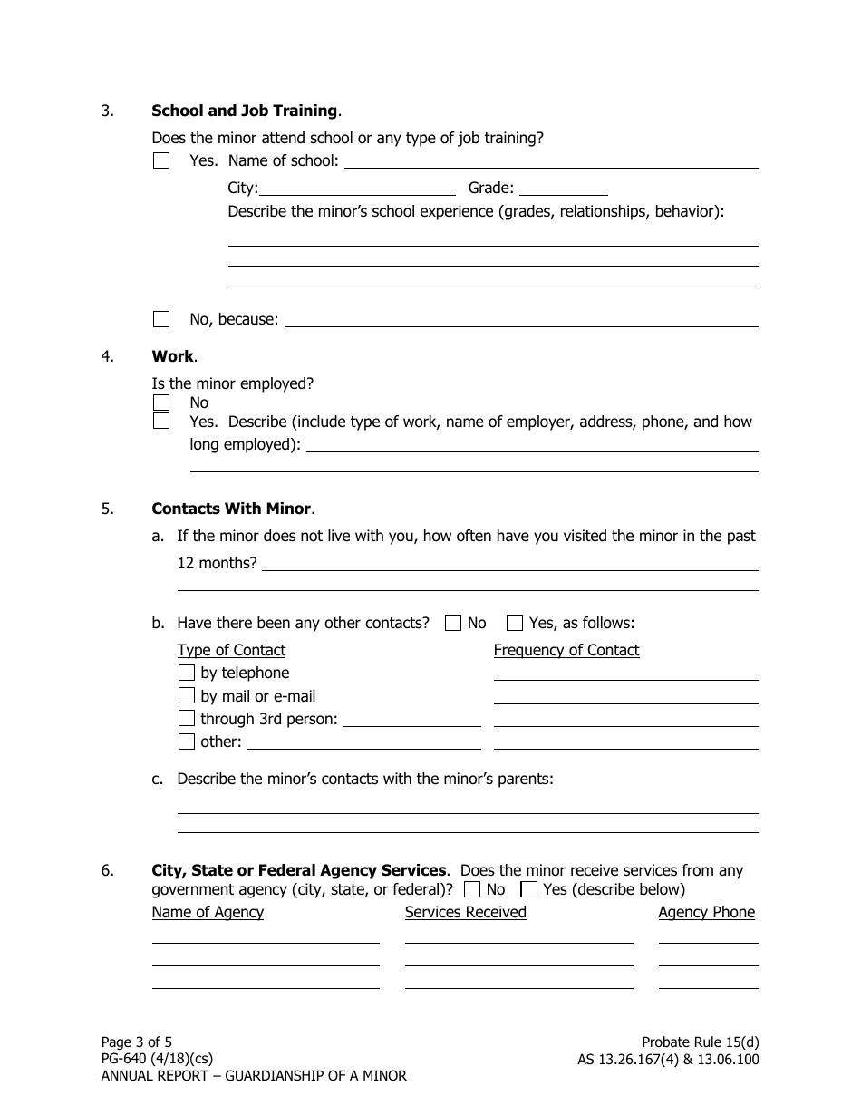 Form PG-640 Annual Report on Guardianship of a Minor - Alaska, Page 3