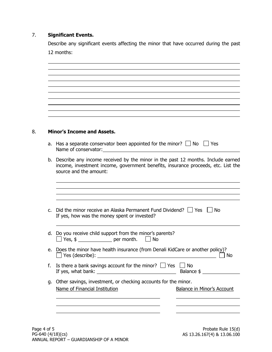 Form PG-640 Annual Report on Guardianship of a Minor - Alaska, Page 4
