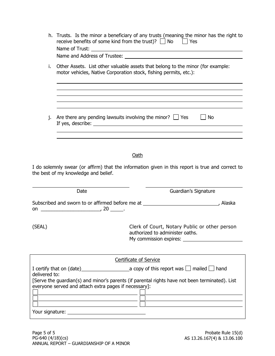 Form PG-640 Annual Report on Guardianship of a Minor - Alaska, Page 5