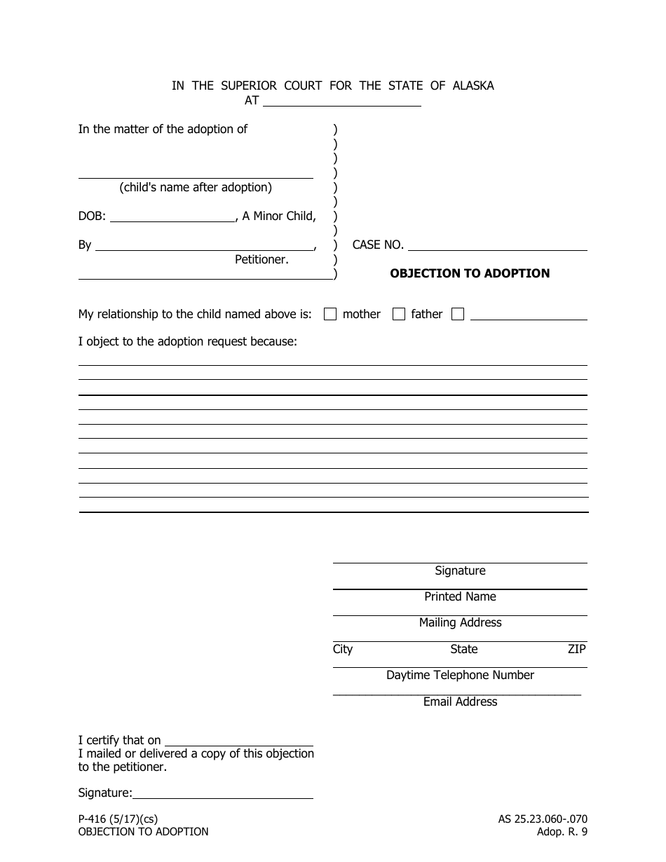 Form P-416 Objection to Adoption - Alaska, Page 1