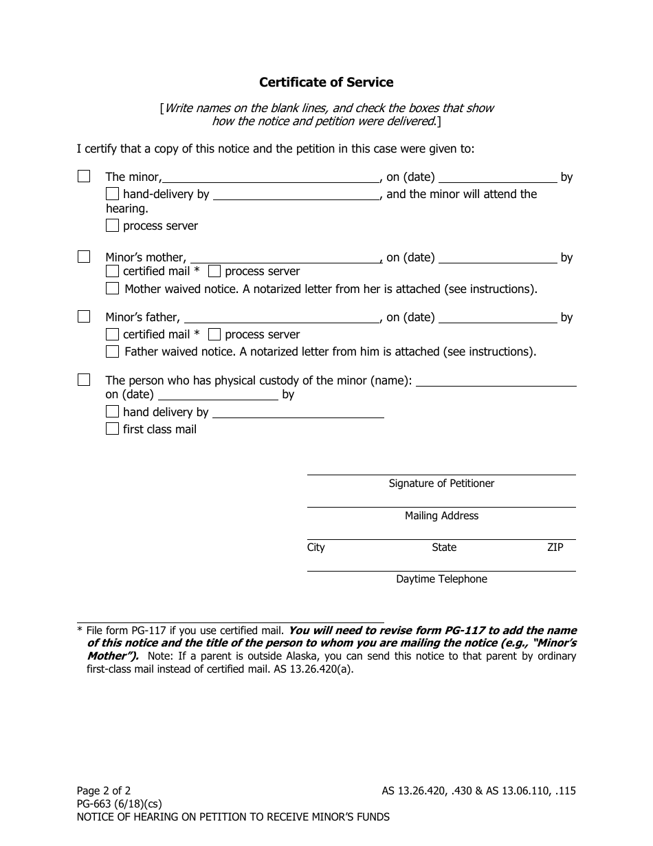 Form PG-663 Notice of Hearing on Petition to Receive Minors Funds (To Interested Persons) - Alaska, Page 2