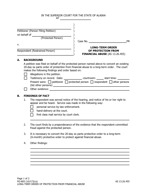 Form PG-805 Long-Term Order of Protection From Financial Abuse - Alaska
