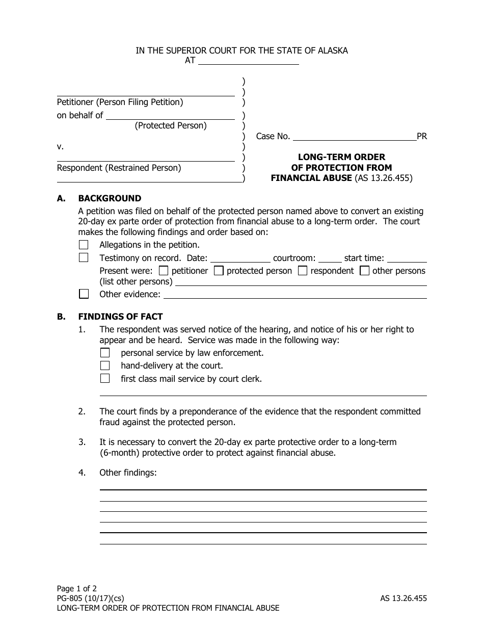 Form PG-805 Long-Term Order of Protection From Financial Abuse - Alaska, Page 1