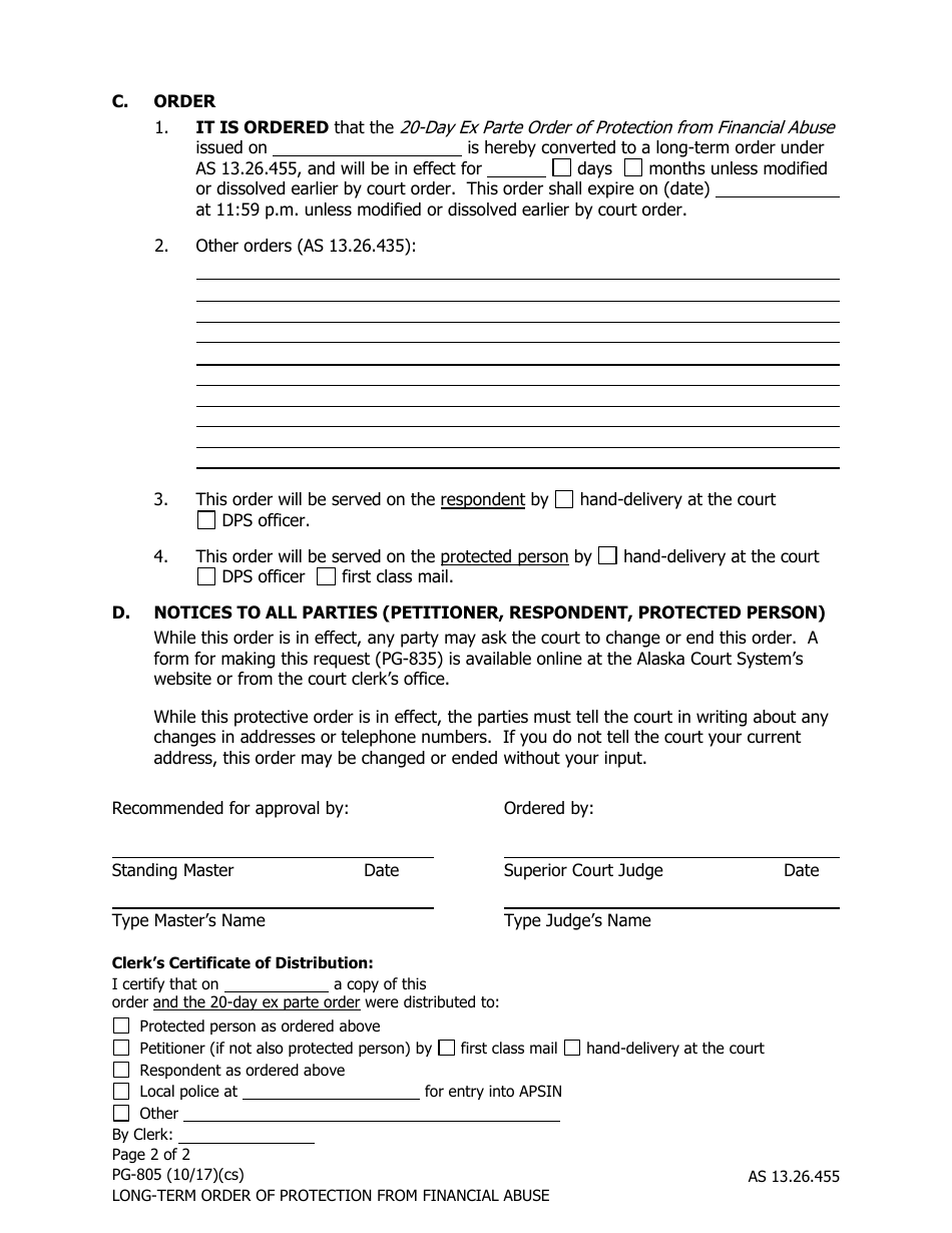 Form PG-805 Long-Term Order of Protection From Financial Abuse - Alaska, Page 2