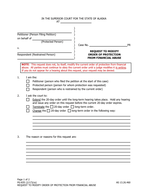 Form PG-835 Request to Modify Order of Protection From Financial Abuse - Alaska