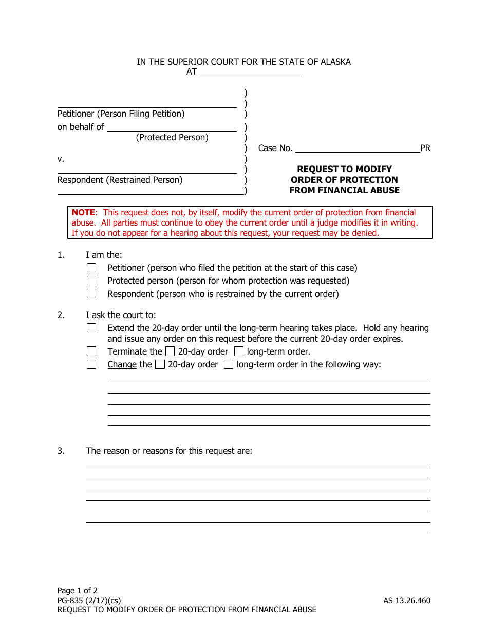 Form PG-835 Request to Modify Order of Protection From Financial Abuse - Alaska, Page 1