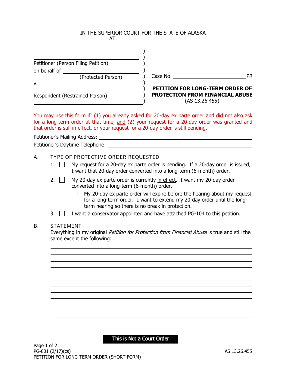 Form PG-801 Petition for Long-Term Protection From Financial Abuse - Alaska, Page 1