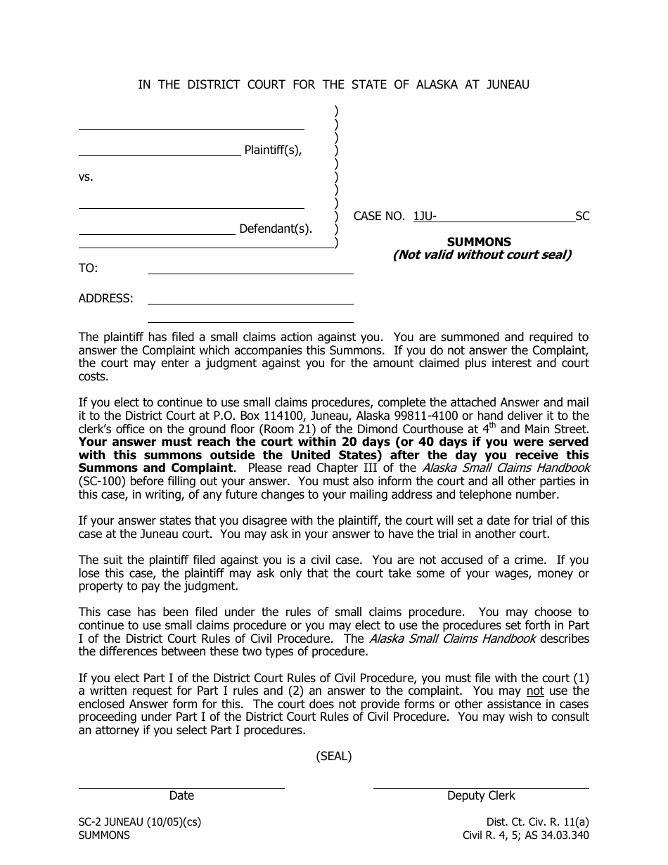 Form SC-2 Summons - City and Borough of Juneau, Alaska, Page 1