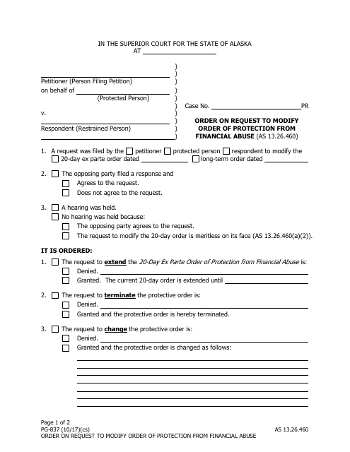 Form PG-837 Order on Request to Modify Order of Protection From Financial Abuse - Alaska
