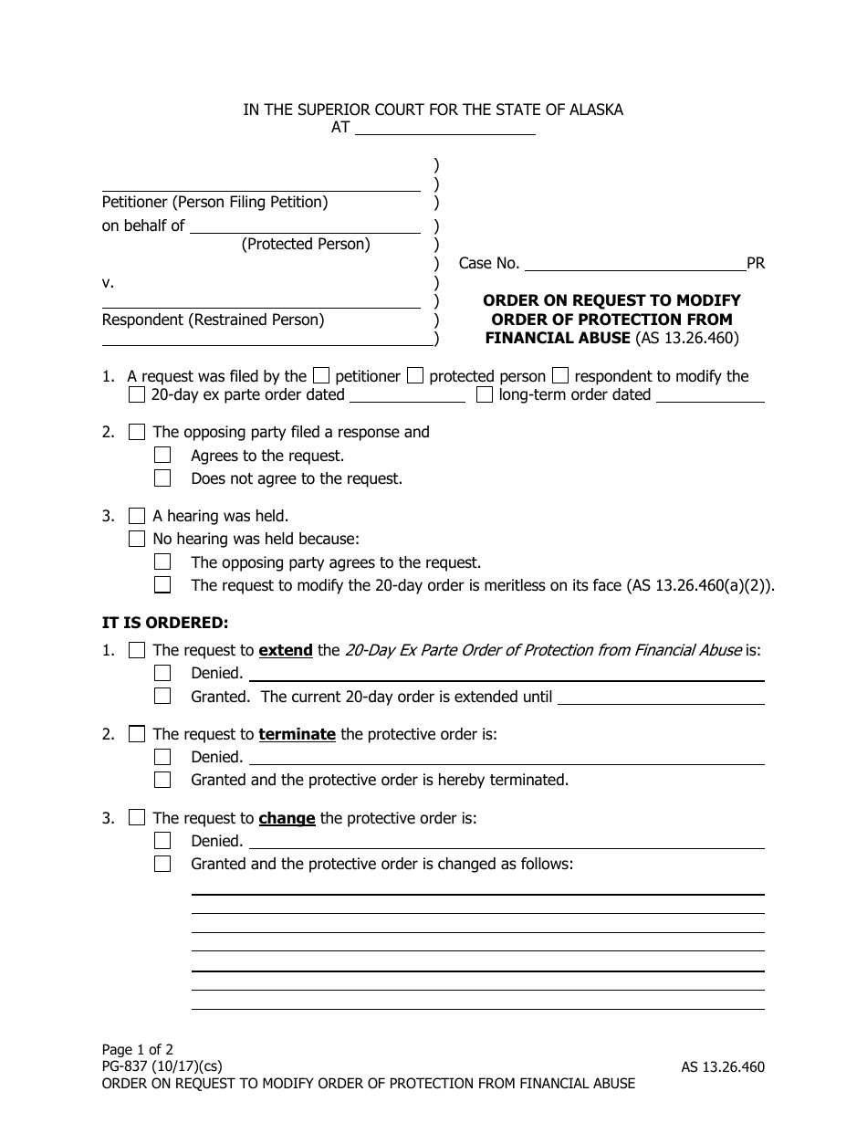 Form PG-837 Order on Request to Modify Order of Protection From Financial Abuse - Alaska, Page 1