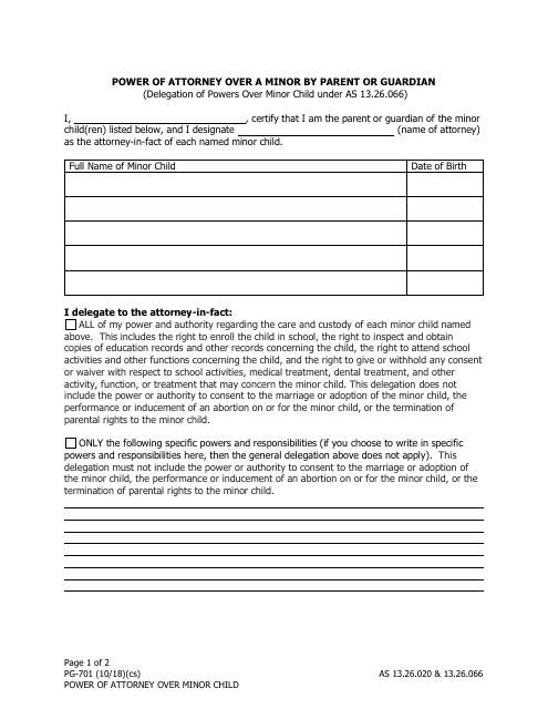 Form PG-701 Power of Attorney Over a Minor by Parent or Guardian - Alaska