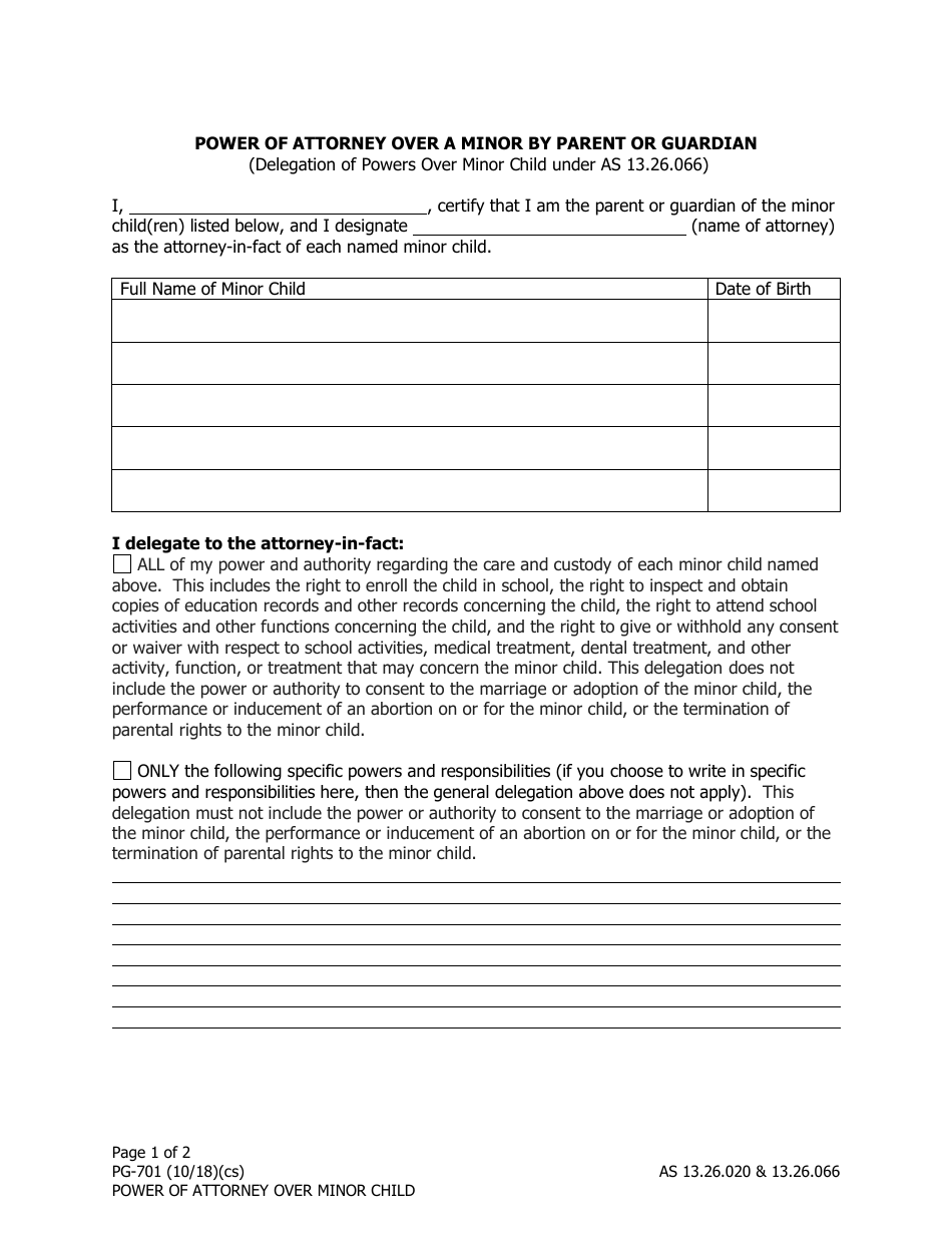Form PG-701 Power of Attorney Over a Minor by Parent or Guardian - Alaska, Page 1