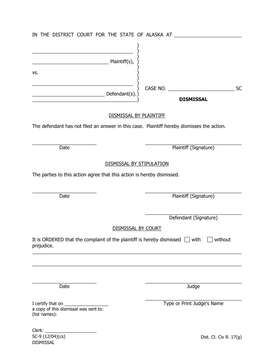 Form SC-9 Dismissal - Alaska, Page 1
