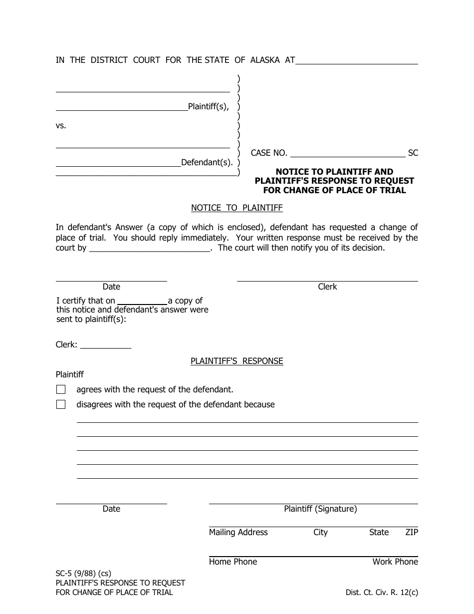 Form SC-5 Notice to Plaintiff and Plaintiffs Response to Request for Change of Place of Trial - Alaska, Page 1